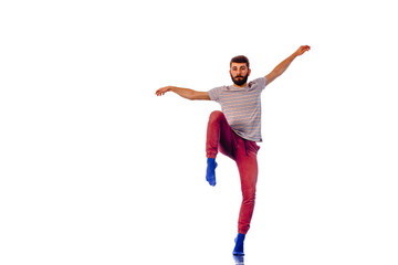Modern boy standing isolated on white background