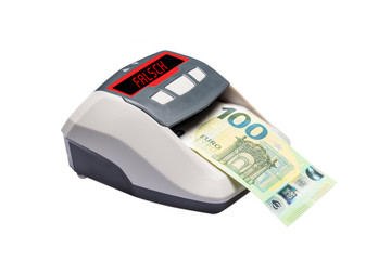 Neuer 100 EURO Schein im Prüfgerät mit Falsch Ausgabe für Falschgeld - obrazy, fototapety, plakaty