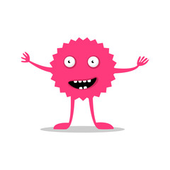 Funny pink monster. Round cartoon monster with teeth. Vector illustration of a fairy tale creature on a white background.