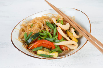 Traditional Asian stir fry with noodles, seafood and vegetables.