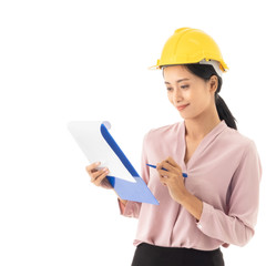 Beautifu young Asian Business woman holding files. Female engineers check the sideline work concept.
