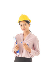 Beautifu young Asian Business woman holding files. Female engineers check the sideline work concept.