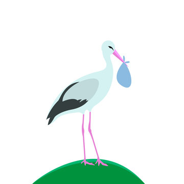 Vector illustration, stork stands with bag. A stork is standing on the lawn.