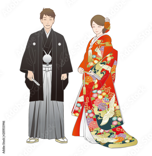 神前結婚式を挙げる夫婦 紋付羽織袴 色打掛 洋髪 Wall Mural 二本杉