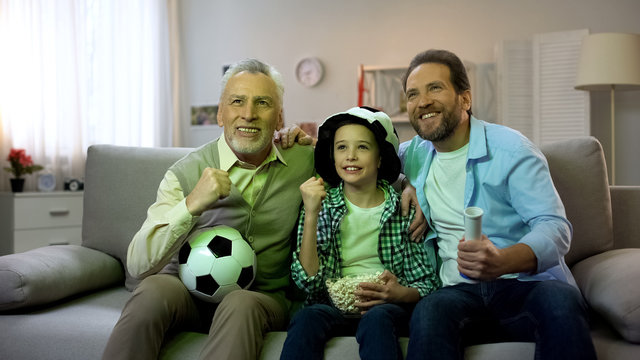 Excited Grandpa, Dad And Son Happy For National Football Team Winning Game, Home