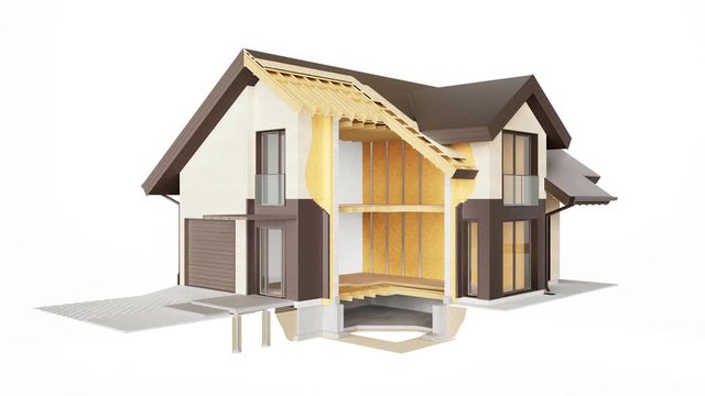Technical section of building, visible construction of walls, roof and insulation. 60 fps animation.