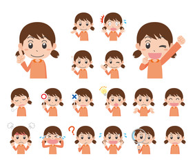 子ども　女の子　表情　感情　セット　主線なし