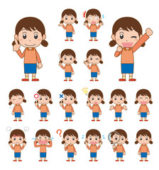 子ども　女の子　表情　感情　セット　主線あり