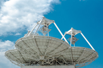 Antennas for communication with spacecraft. Satellite sea vessel with satellite dish.
