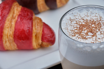 croissants and latte macchiato, breakfast, pastries