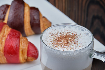 croissants and latte macchiato, breakfast, pastries