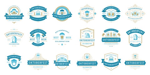 Oktoberfest badges and labels set vintage typographic design templates vector illustration.