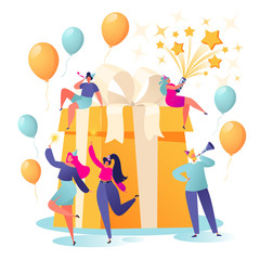 Happy Birthday party celebration with friends. Happy, flat, people characters blow their whistles, launch fireworks, dance and celebrate the holiday around a big, beautiful, bright gift box. 