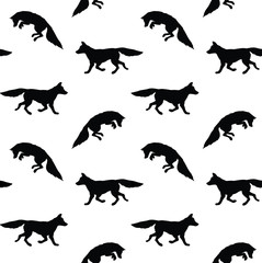 Vector seamless pattern of flat black fox silhouette isolated on white background