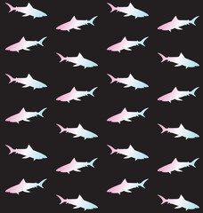 Vector seamless pattern of holographic silhouette of shark isolated on black background 