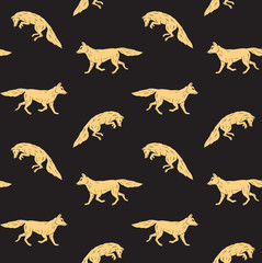 Vector seamless pattern of  yellow hand drawn sketch doodle fox isolated on black background