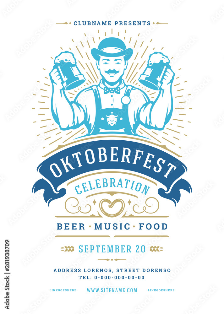 Wall mural Oktoberfest flyer or poster retro typography template design beer festival celebration vector illustration