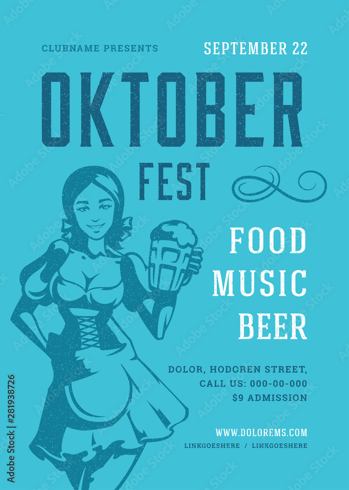 Wall mural Oktoberfest flyer or poster retro typography template design beer festival celebration vector illustration