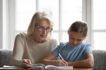 Elderly tutor helps school child girl with homework