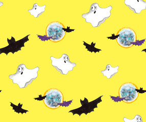 Halloween watercolor seamless pattern with full moon, bats and funny ghosts on yellow background. For wrapping paper, cards, posters, banners. Autumn holidays