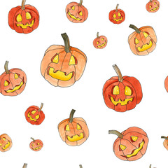 Halloween seamlees pattern. Watercolor funny and friendly pumpkin Jack. Hand drawn illustration on white background. Art element for design.
