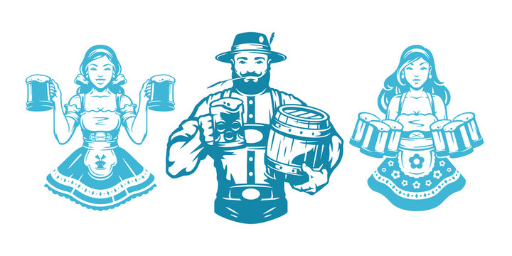 Oktoberfest people man and woman silhouettes in traditional german dress holding beer and food vector illustration