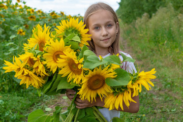 A cute little smiling girl in the field of sunflowers holding a huge bunch of flowers in a sunny summer day