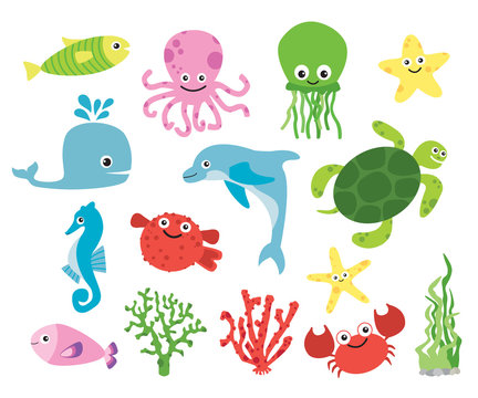Cute vector sea creatures. Set with funny sea animals. Marine life. Ocean wildlife vector illustration.