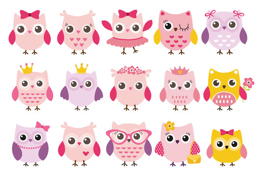 Cute girl owls vector set. Baby showers, parties for baby girls.