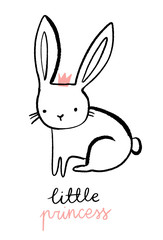 Cute bunny character. Little princess girl illustration. Sweet hand drawn rabbit with a pink crown. 