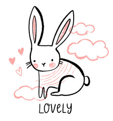 Obraz na płótnie Canvas Cute bunny illustration with hearts and clouds. Hand drawn vector rabbit character for baby girl. 
