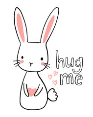 Cute hand drawn bunny illustration. Sweet rabbit character holding a heart. Hug me. 