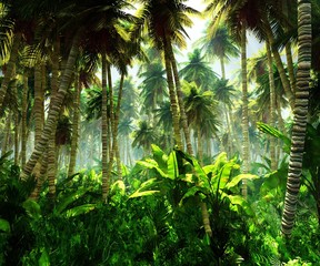 Jungle in the morning in the fog, palm trees in the haze, 3D rendering