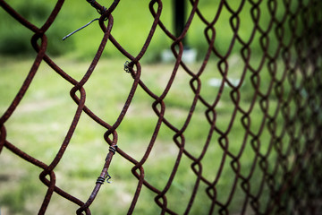 Naklejka premium The close up of brown wire fence (barricade) which is hardly rusted in blurred background (meadow).