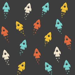 Retro space pattern with colorful rockets. Hand drawn cosmos seamless vector background. 