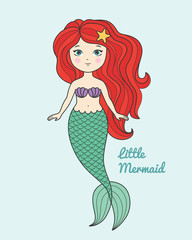Cute little mermaid cartoon style vector illustration 