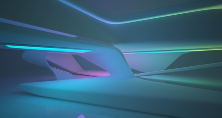 Abstract architectural smooth white interior of a minimalist house with color gradient neon lighting. 3D illustration and rendering.