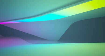Abstract architectural smooth white interior of a minimalist house with color gradient neon lighting. 3D illustration and rendering.