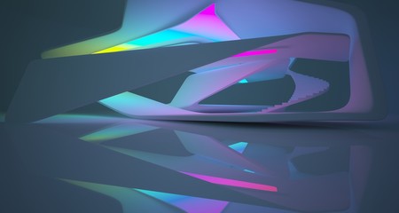 Abstract architectural smooth white interior of a minimalist house with color gradient neon lighting. 3D illustration and rendering.