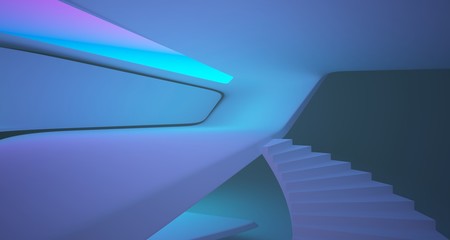 Abstract architectural smooth white interior of a minimalist house with color gradient neon lighting. 3D illustration and rendering.
