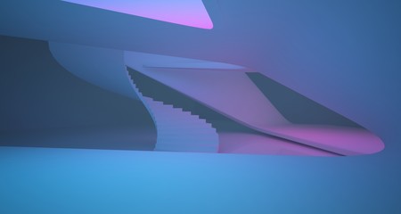 Abstract architectural smooth white interior of a minimalist house with color gradient neon lighting. 3D illustration and rendering.