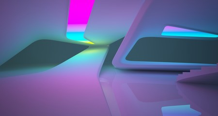 Abstract architectural smooth white interior of a minimalist house with color gradient neon lighting. 3D illustration and rendering.