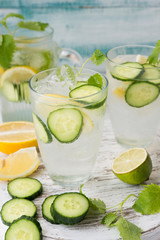 A glass of refreshing homemade lemonade with ice, cucumber and mint. Vertical orientation