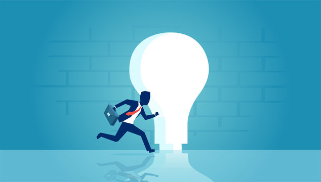 Vector of a businessman running into keyhole shaped as bright light bulb.