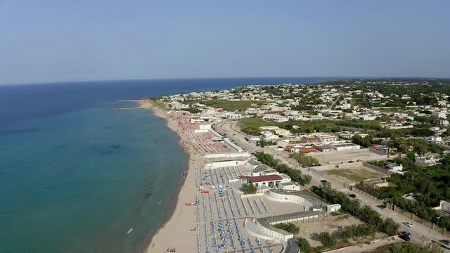 Aerial view, public beach by the sea, Spiaggiabella Beach,, Torre Rinalda, Lecce, Apulia, Italy