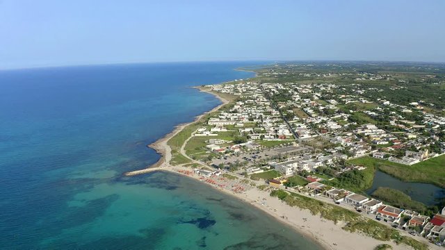 Aerial view, public beach by the sea, Spiaggiabella Beach,, Torre Rinalda, Lecce, Apulia, Italy