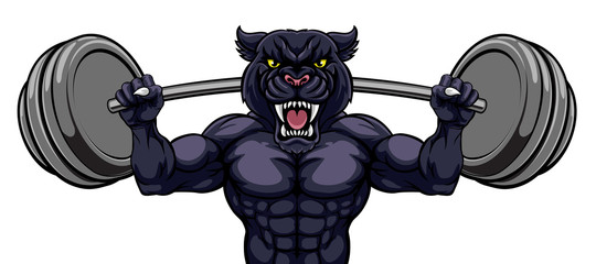 A panther animal body builder sports mascot weight lifting a barbell © Christos Georghiou