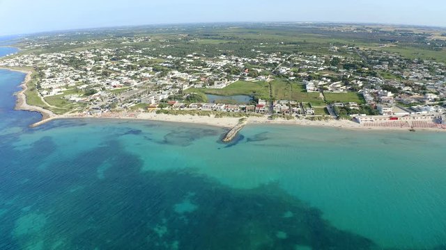 Aerial view, public beach by the sea, Spiaggiabella Beach,, Torre Rinalda, Lecce, Apulia, Italy