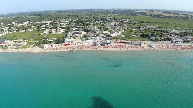 Aerial view, public beach by the sea, Spiaggiabella Beach,, Torre Rinalda, Lecce, Apulia, Italy