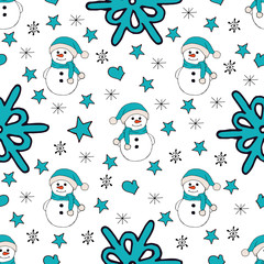 Christmas seamless pattern with snowman, fir trees and snowflakes. Perfect for wallpaper, wrapping paper, pattern fills, winter greetings, web page background